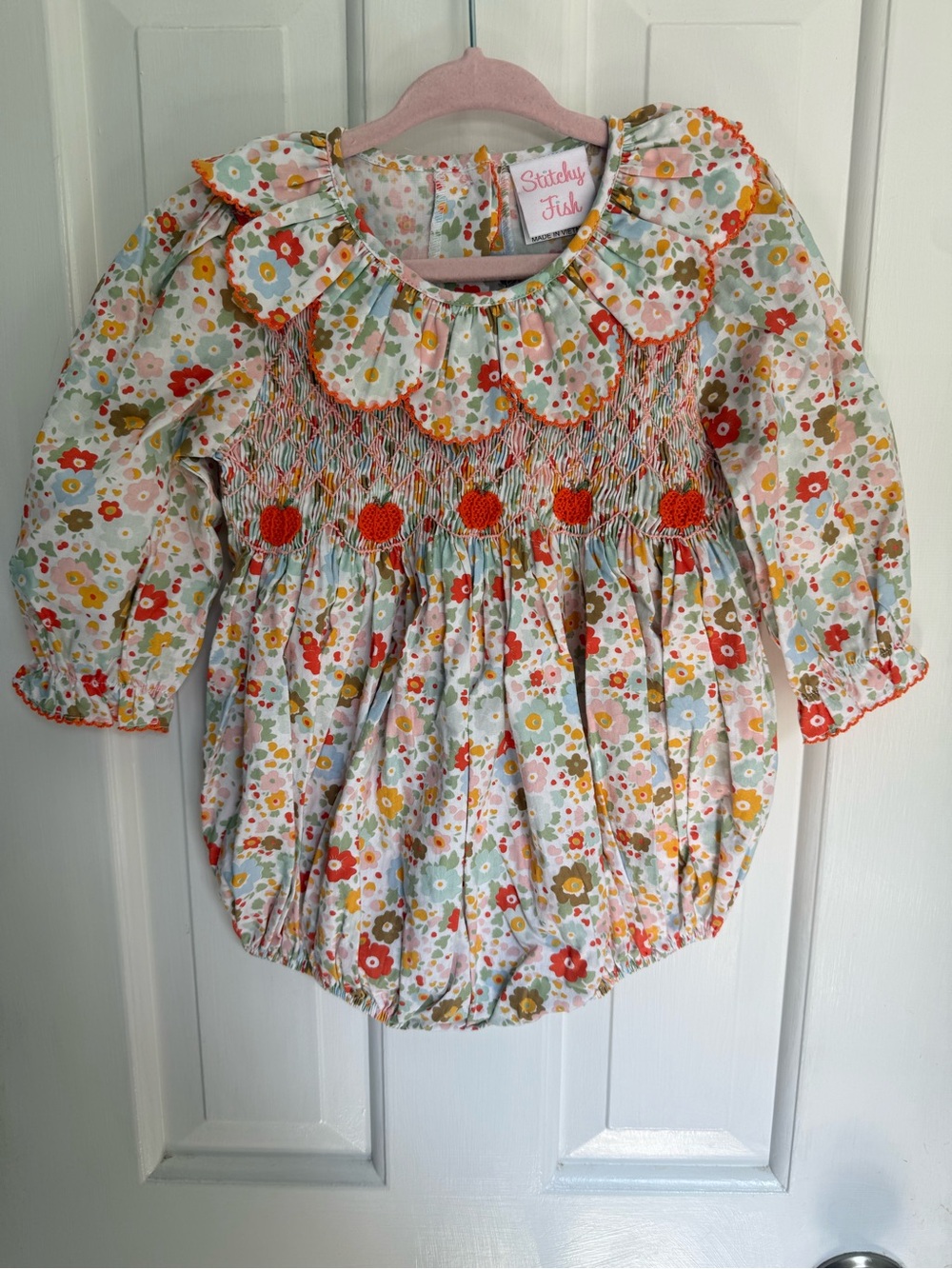 Stitchy Fish Girls Smocked Pumpkin Floral Bubble Romper Fall Thanksgiving